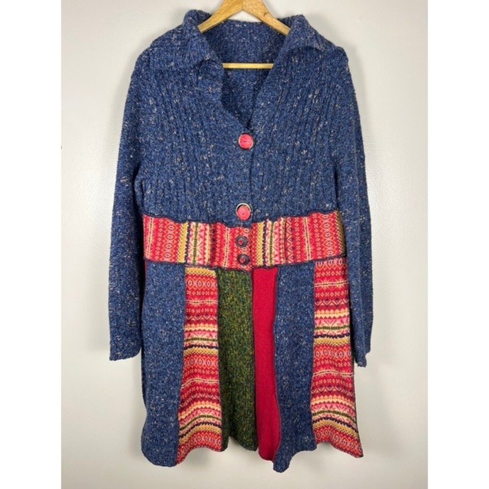 Handmade Upcycled Wool Patchwork Fair Isle Longline Cardigan Jacket Blue Red - Picture 2 of 8